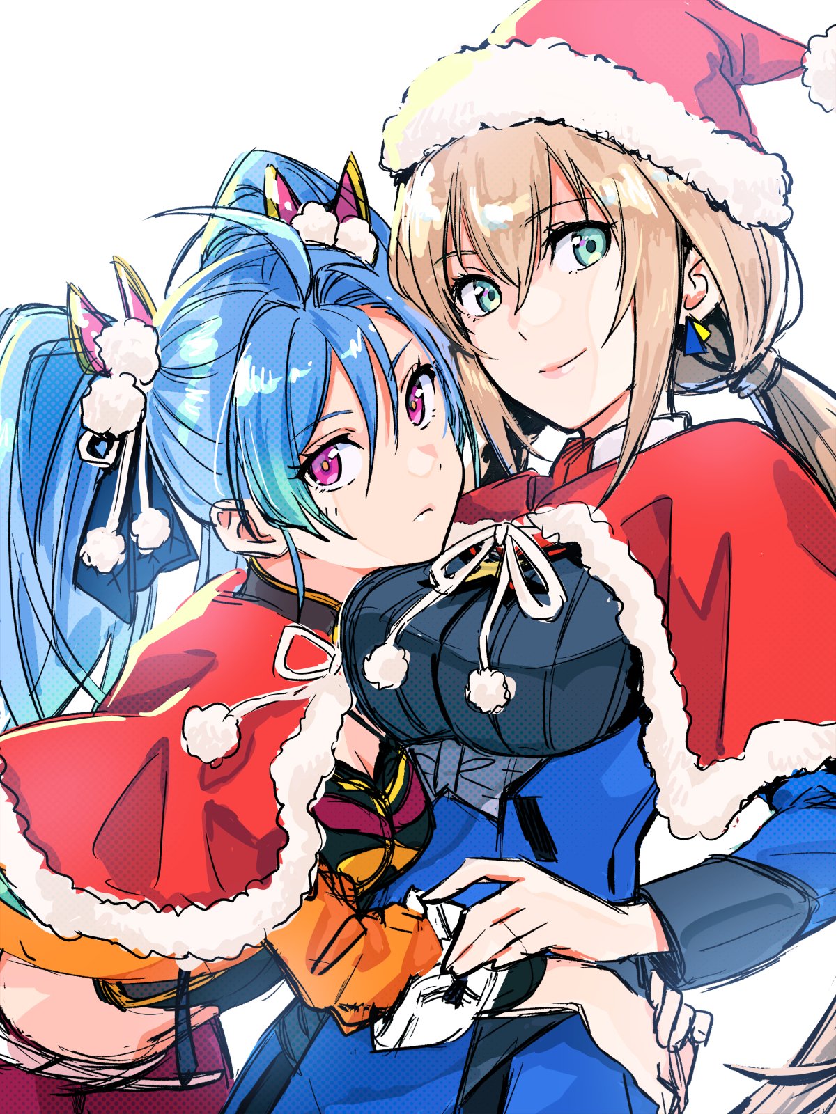2girls, az_sainklaus, blonde_hair, blue_dress, capelet, christmas, dress, earrings