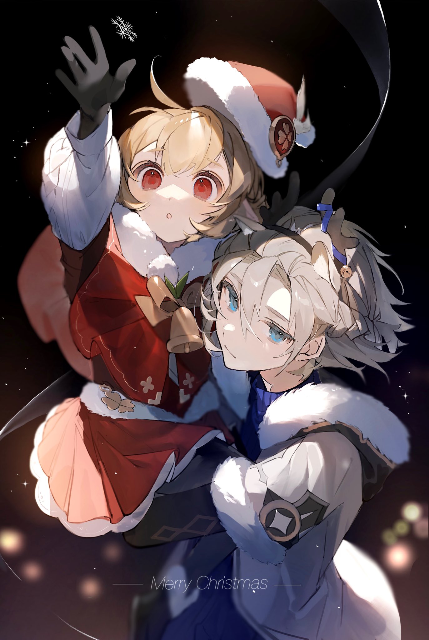 1boy, 1girl, :o, albedo_(genshin_impact), bangs, bell, black_gloves, blonde_hair, blue_eyes, blue_sweater, blurry, bokeh, capelet, carrying, christmas, clos, clover, depth_of_field, english_commentary, fake_antlers, four-leaf_clover, fur_trim, genshin_impact, gloves, grey_hair, hat, highres, jacket, klee_(genshin_impact), long_sleeves, merry_christmas, parted_lips, pointy_ears, poscorn617, red_capelet, red_eyes, ribbed_sweater, santa_hat, snowflakes, sweater, turtleneck, turtleneck_sweater