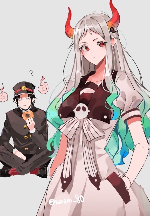 1boy, 1girl, aqua_hair, brown_eyes, cosplay, doughnut, dress, eating