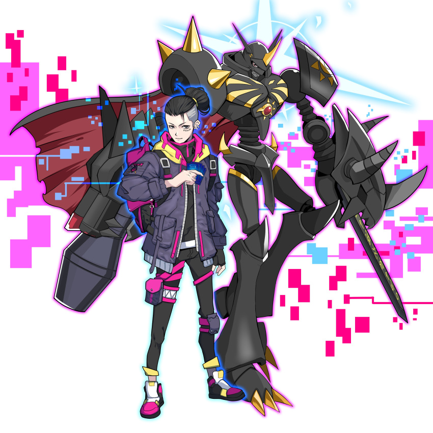 1boy, absurdres, armor, backpack, bag, black_hair, brown_eyes, cannon
