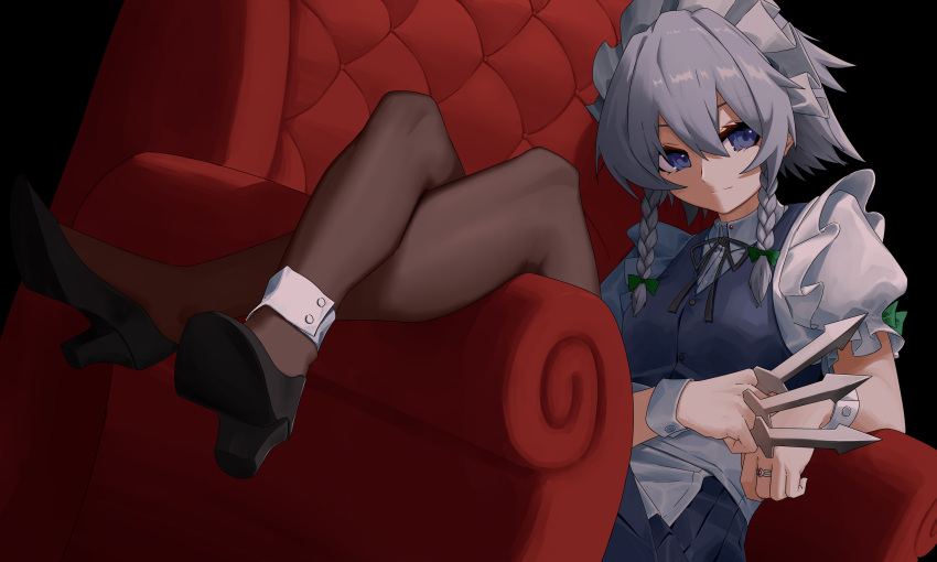 1girl, absurdres, between_fingers, black_legwear, blue_eyes, braid, couch, crossed_ankles, dark_background, grey_hair, highres, izayoi_sakuya, jiuchong_qing, knife, legs_up, light_smile, maid_headdress, pantyhose, short_hair_with_long_locks, sitting, solo, throwing_knife, touhou, twin_braids, weapon