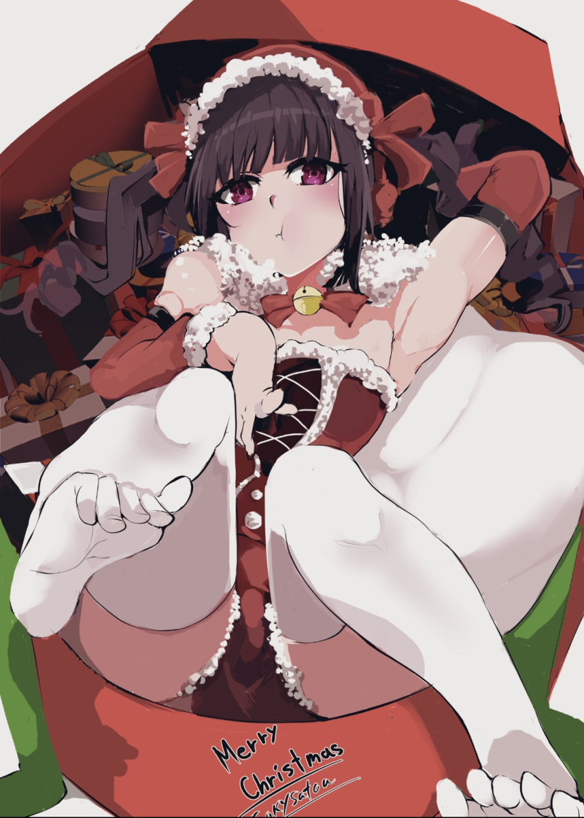 1girl, armpits, bangs, black_hair, blunt_bangs, christmas, detached_sleeves, feet