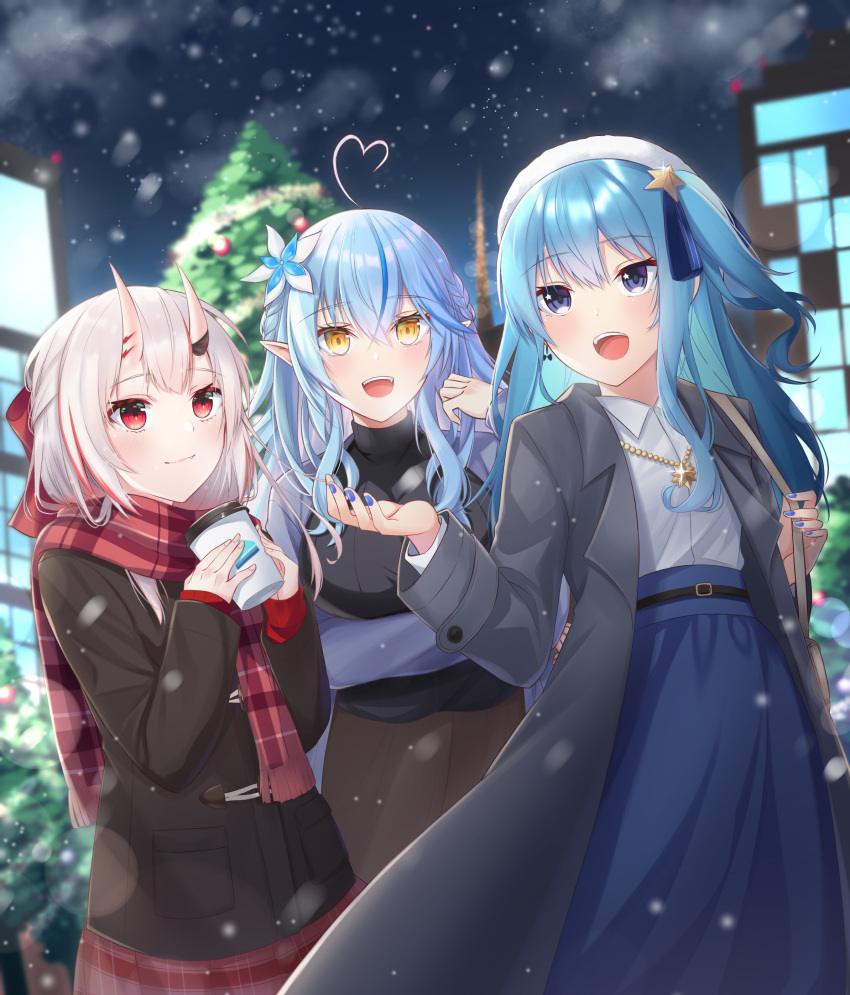 3girls, :d, absurdres, ahoge, bangs, black_jacket, blue_hair, blue_skirt