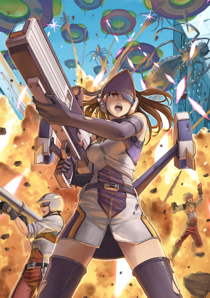 1girl, 2boys, belt, breasts, brown_hair, earth_defense_force, explosion, firing, gloves, gun, helmet, holding, large_breasts, long_hair, multiple_boys, open_mouth, pale_wing, red_eyes, rifle, tantaka, thigh-highs, visor, weapon