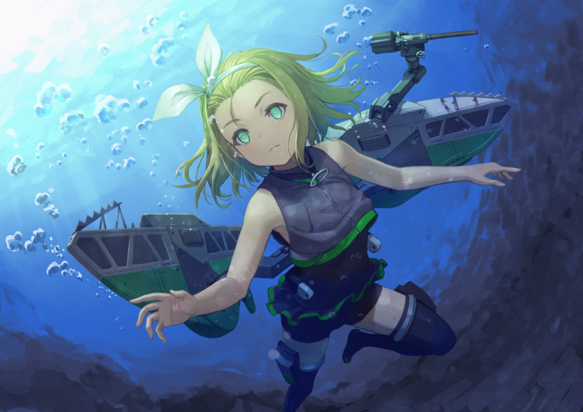 1girl, :t, air_bubble, backlighting, bare_arms, bare_shoulders, black_legwear, black_swimsuit