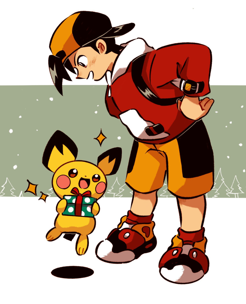 1boy, backwards_hat, baseball_cap, black_hair, blush, box, brown_eyes, ethan_(pokemon)