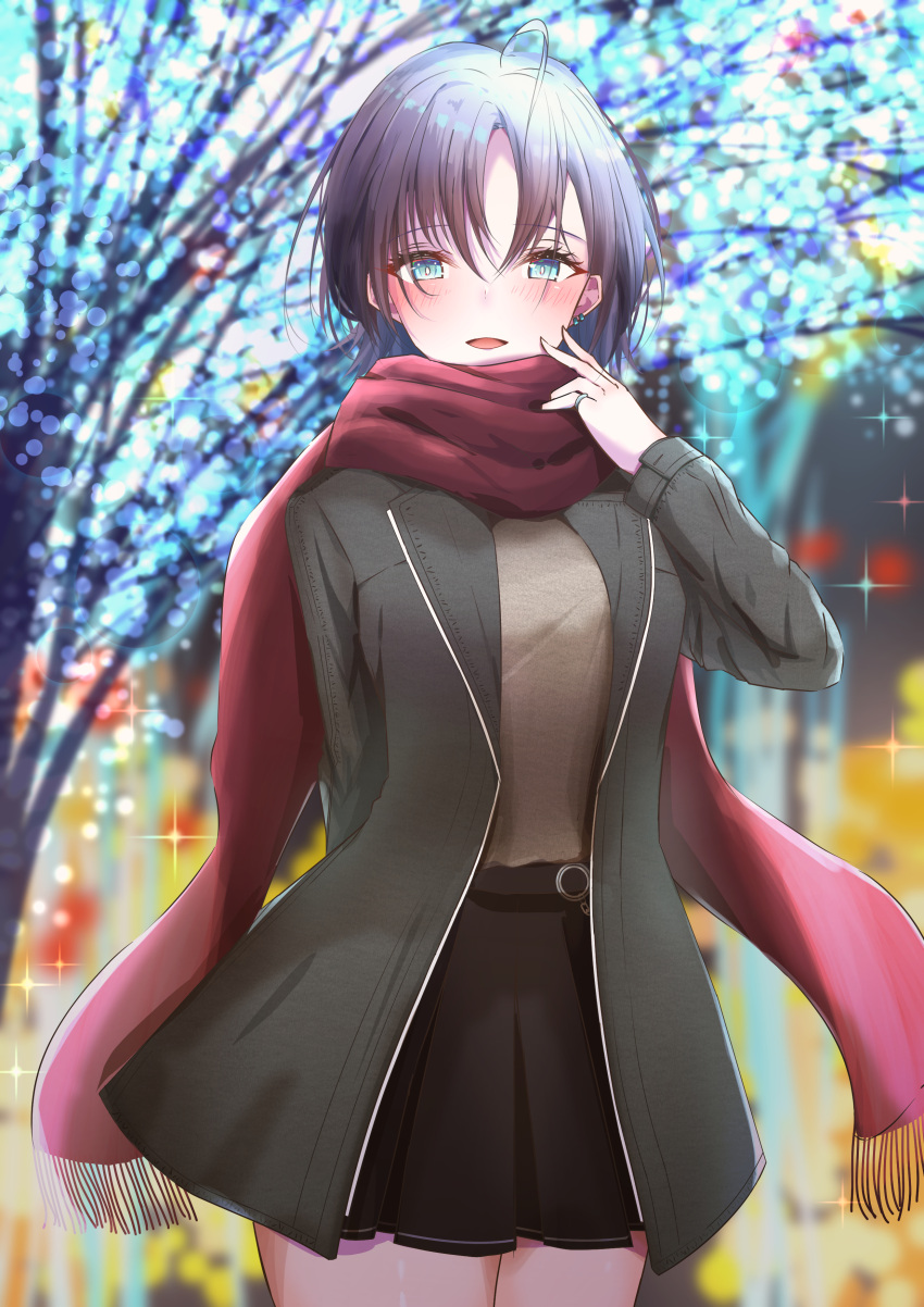 1girl, :d, absurdres, ahoge, arm_behind_back, asakura_tooru, bangs, black_skirt, blurry, blurry_background, blush, bokeh, cowboy_shot, depth_of_field, earrings, eyebrows_visible_through_hair, high-waist_skirt, highres, idolmaster, idolmaster_shiny_colors, jewelry, light_purple_hair, long_scarf, looking_at_viewer, outdoors, parted_bangs, red_scarf, ring, scarf, short_hair, skirt, smile, solo, sparkle, tree, vami