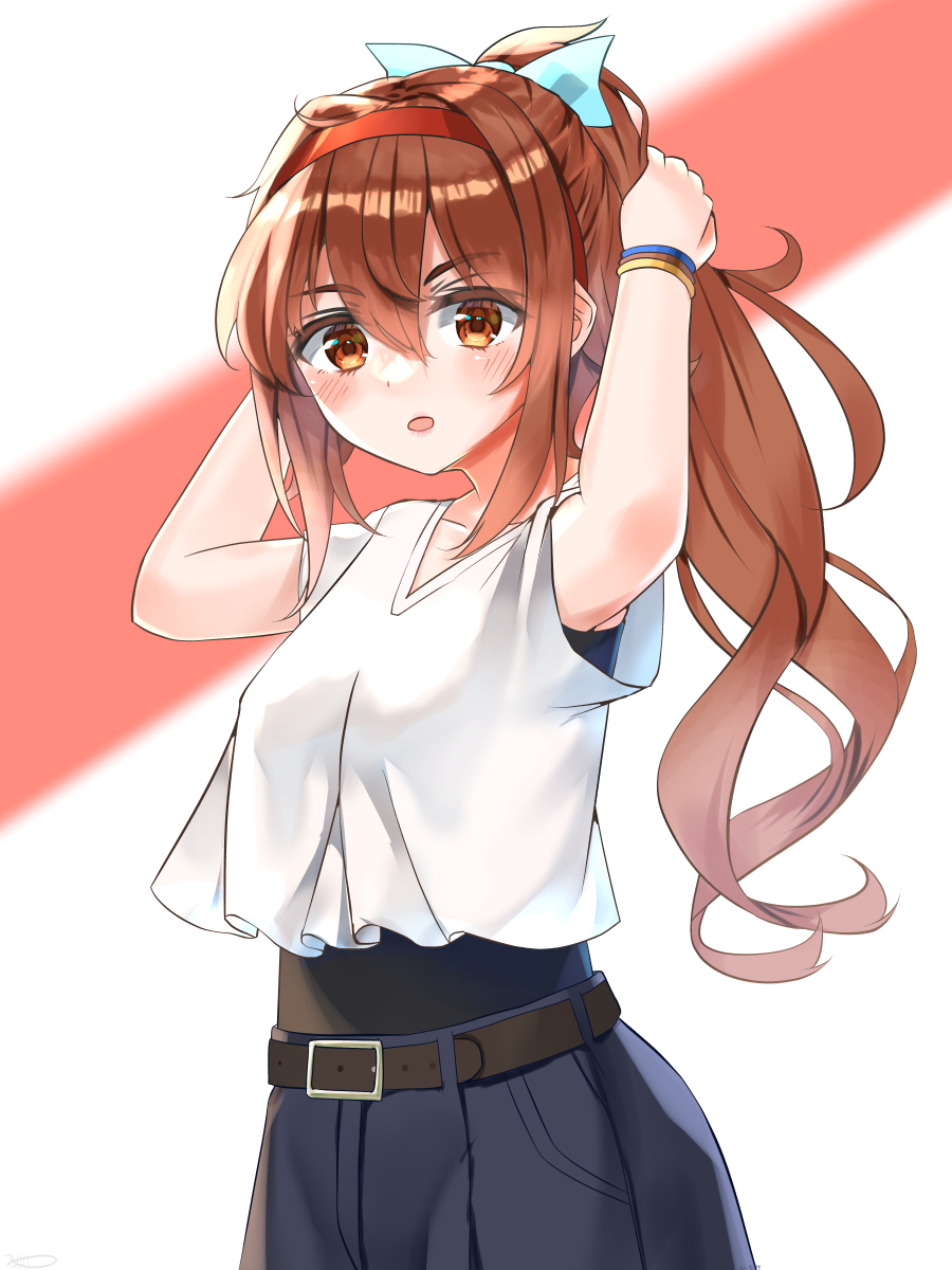1girl, alternate_costume, alternate_hairstyle, belt, blue_ribbon, blush, brown_eyes, brown_hair
