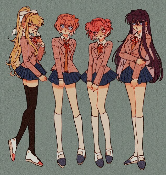4girls, bangs, black_legwear, blazer, blonde_hair, blue_eyes, blue_skirt, bow