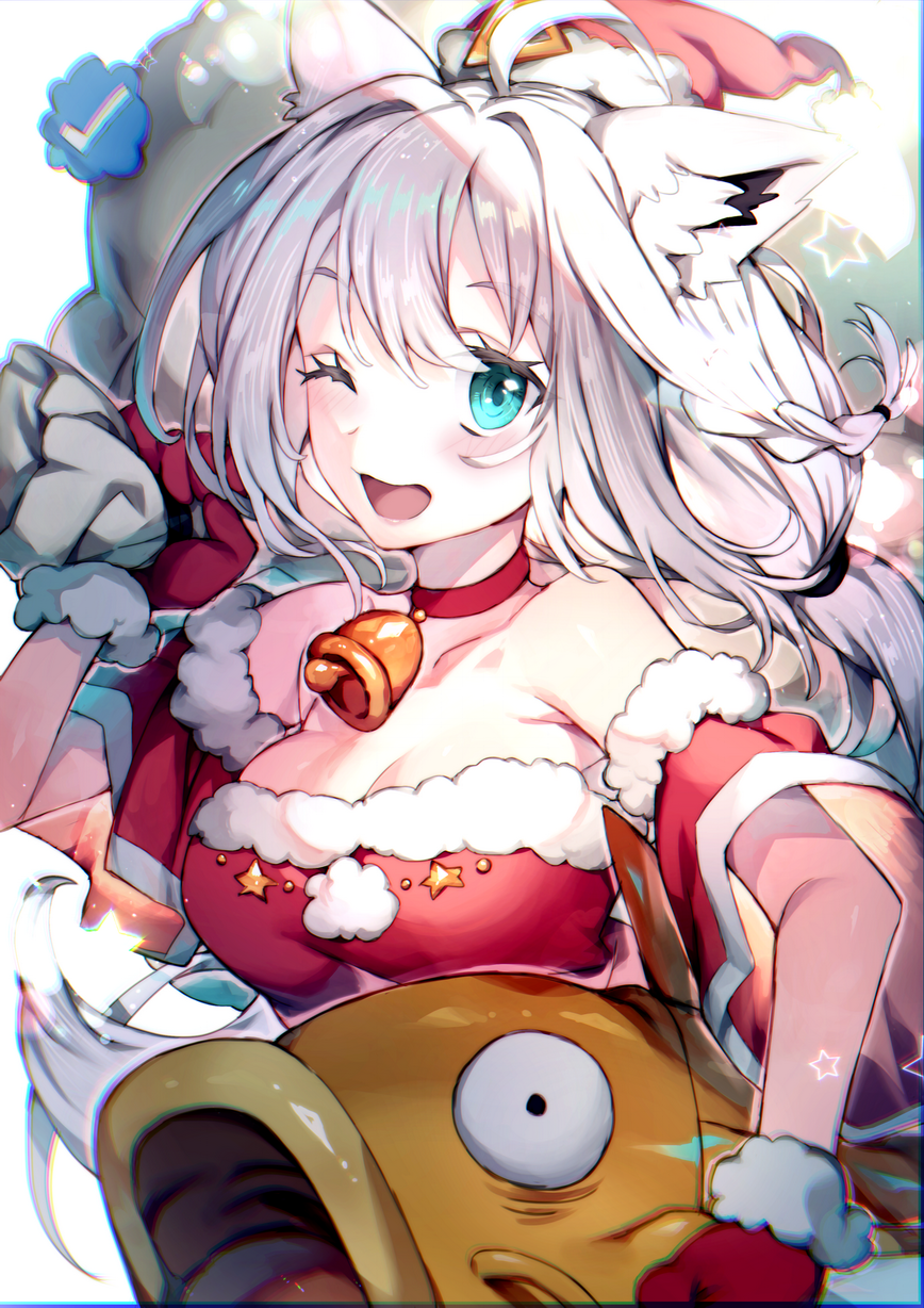 1girl, ;d, ahoge, animal_ear_fluff, animal_ears, aqua_eyes, bangs, bare_shoulders