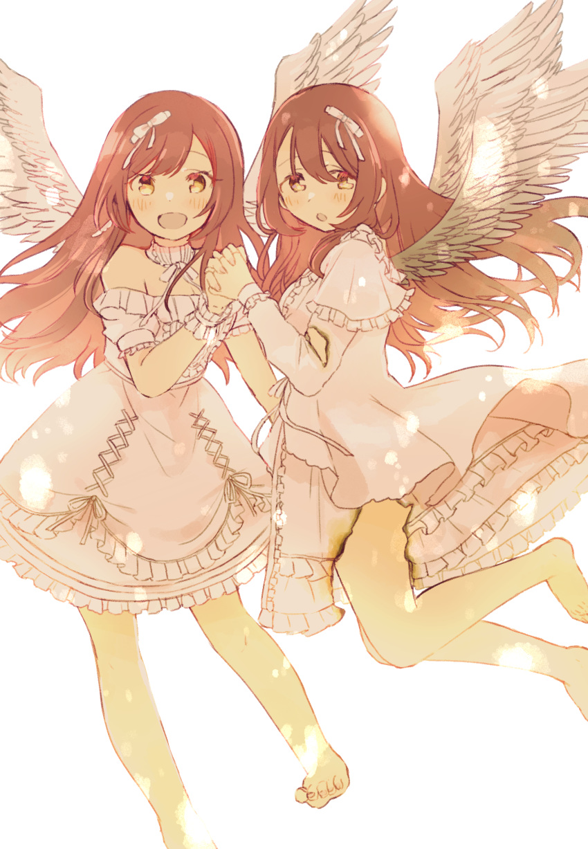 2girls, angel, angel_wings, arm_support, black_cat, black_vs_white, black_wings, blush