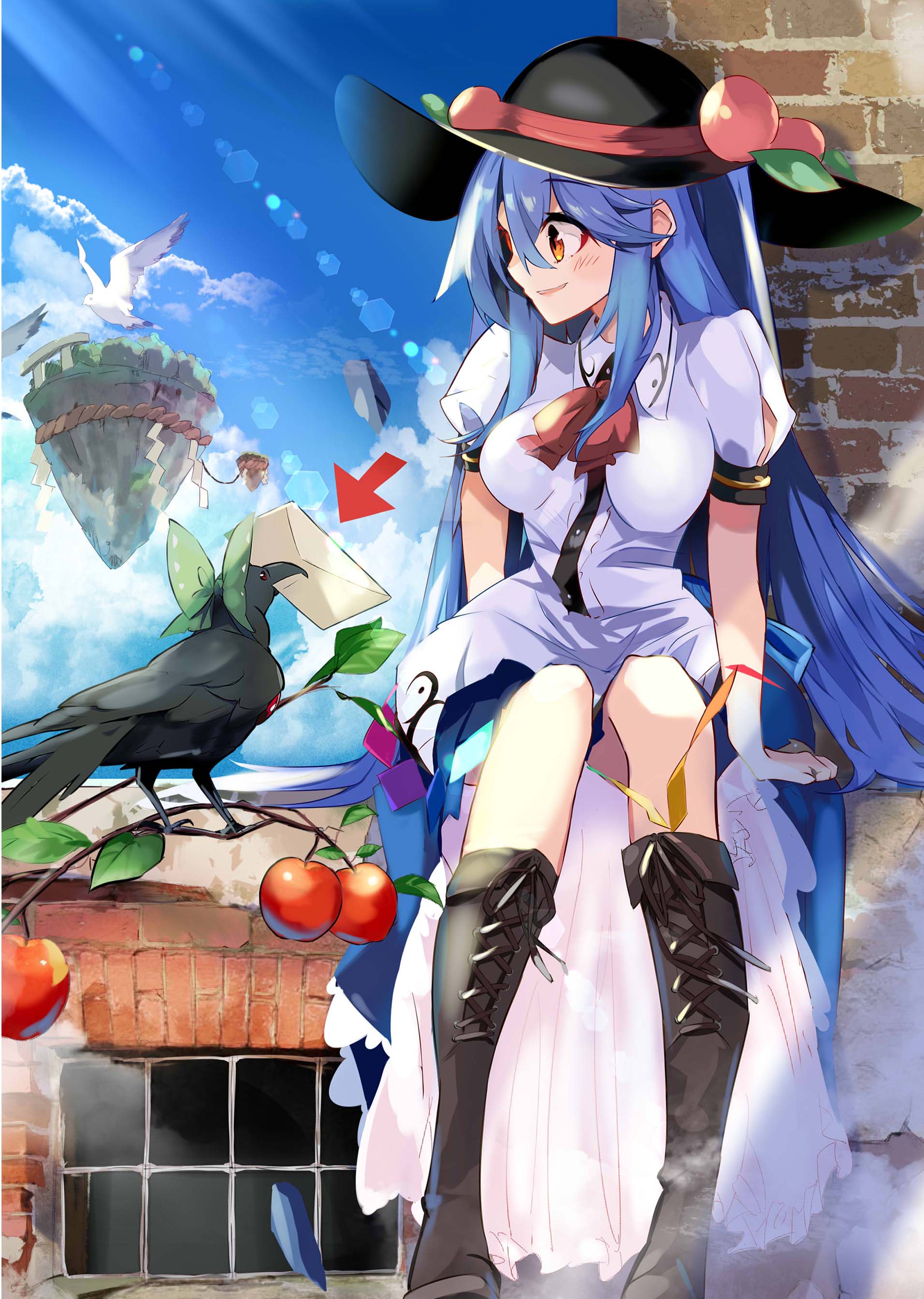 1girl, absurdres, apron, bangs, beak_hold, bird, black_headwear, black_legwear