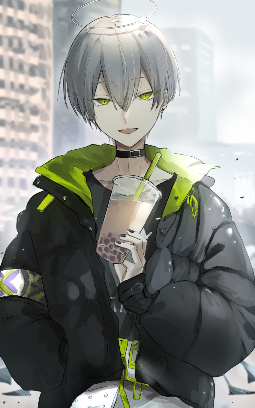 1boy, :d, absurdres, akebisousaku, arene_(arknights), arene_(casual)_(arknights), arknights, bangs