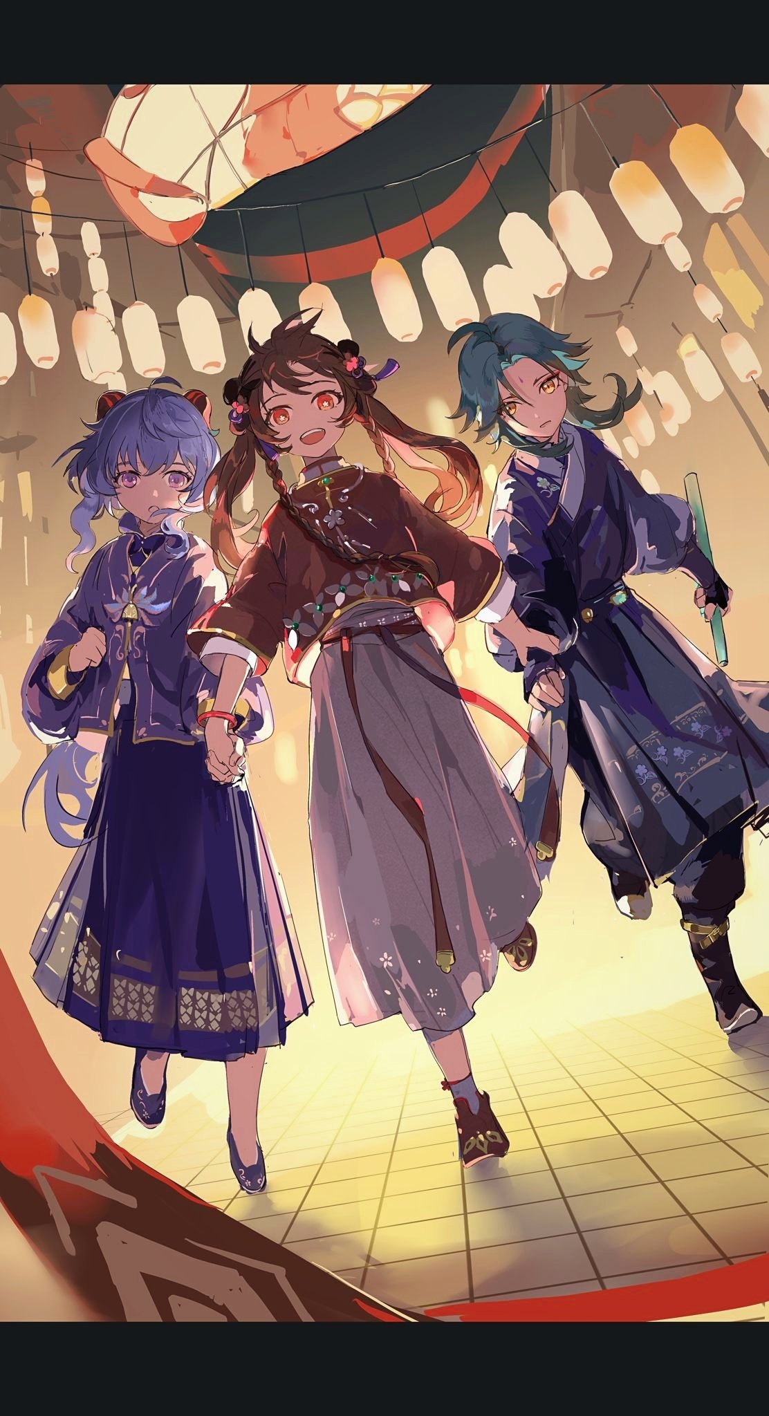1boy, 2girls, :&amp;gt;, :&amp;lt;, :o, bell, blue_hair, braided_ponytail