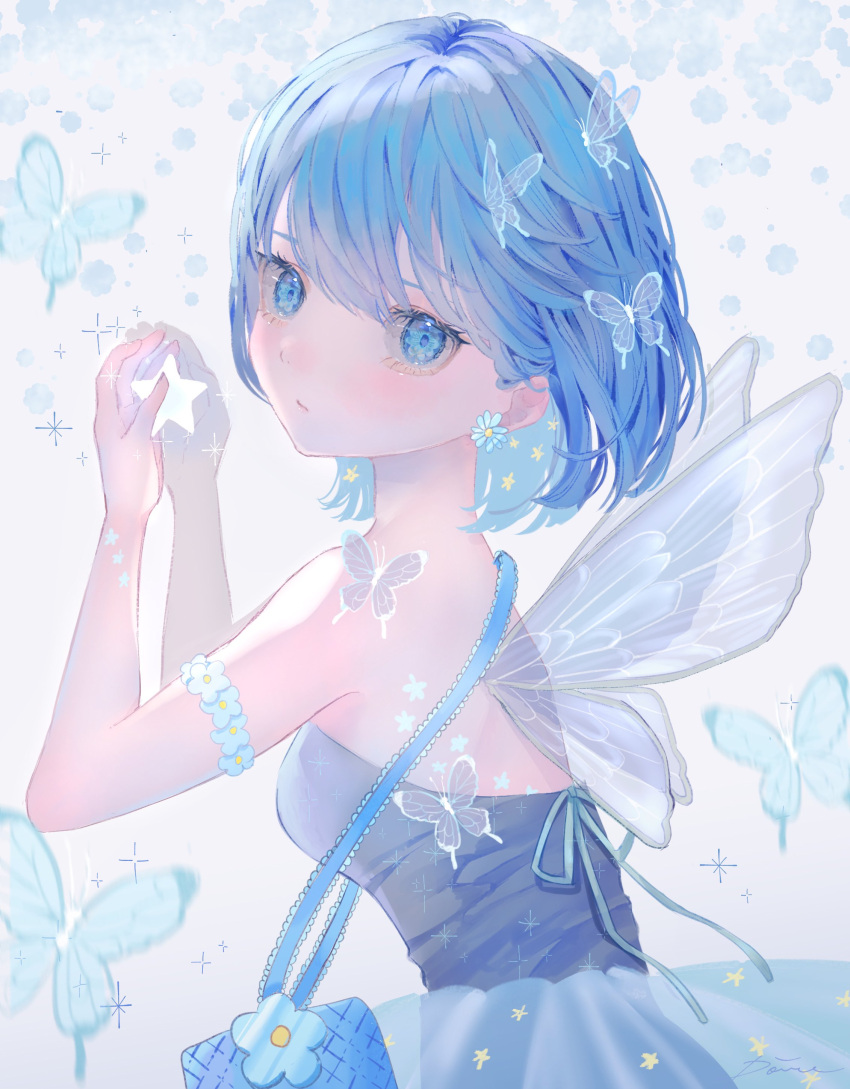 1girl, absurdres, blue_bow, blue_butterfly, blue_eyes, blue_hair, blue_ribbon, bob_cut