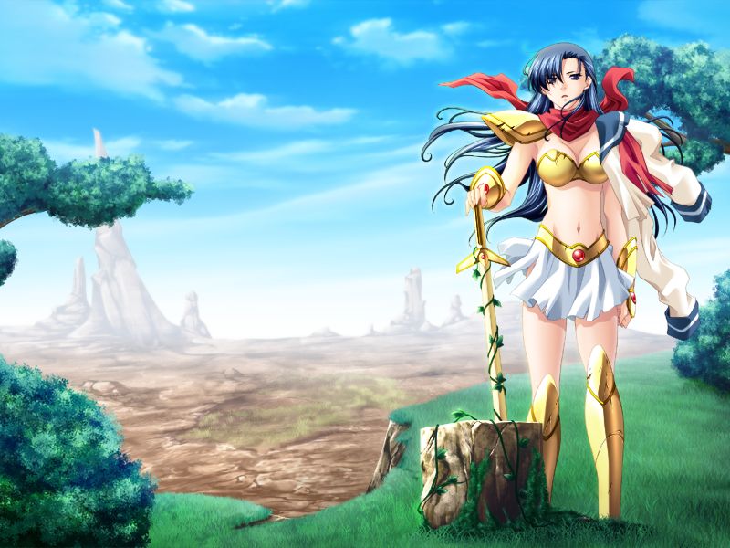 armor, armored_boots, asou_yuuko, bikini_armor, blue_eyes, blue_hair, boots, game_cg, gem, gold, kawai_masaki, long_hair, long_sleeves, metal, midriff, miniskirt, mugen_senshi_valis, navel, outdoors, red_bandana, red_scarf, sailor_collar, scarf, school_uniform, serafuku, shoulder_pads, skirt, standing, stomach, sword, torn_clothes, valis, valis_x, vambraces, weapon, white_skirt