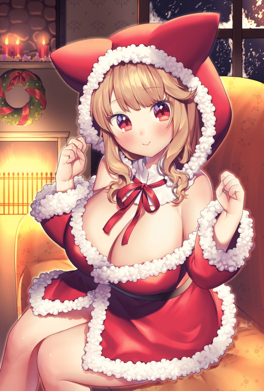 1girl, :>, absurdres, animal_ears, bangs, bare_shoulders, blush, bow, bowtie, breasts, brown_hair, clenched_hands, couch, fireplace, fur_trim, hands_up, highres, hood, huge_breasts, indie_virtual_youtuber, jacket, kirisaki_shuusei, komorebi_wanko, long_hair, looking_at_viewer, orange_eyes, red_bow, red_bowtie, red_jacket, sitting, smile, snow, solo, virtual_youtuber, window
