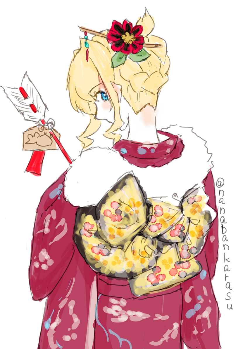 alternate_costume, arrow_(projectile), blonde_hair, blush, eyebrows_visible_through_hair, from_behind, fur_trim, hair_behind_ear