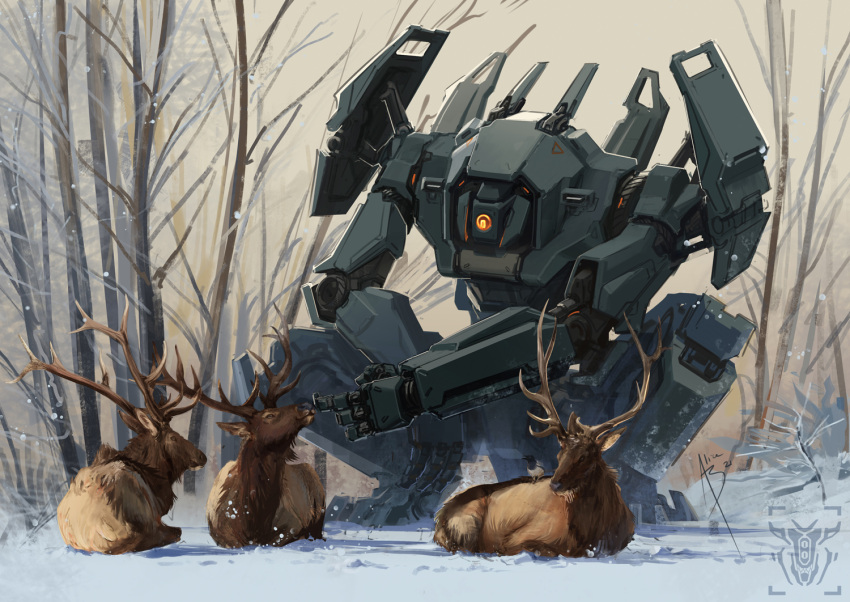 a_motorcycle_with_teeth, antlers, bare_tree, mecha, no_humans, one-eyed, orange_eyes, original, reindeer, science_fiction, snow, solo, squatting, tree, watermark