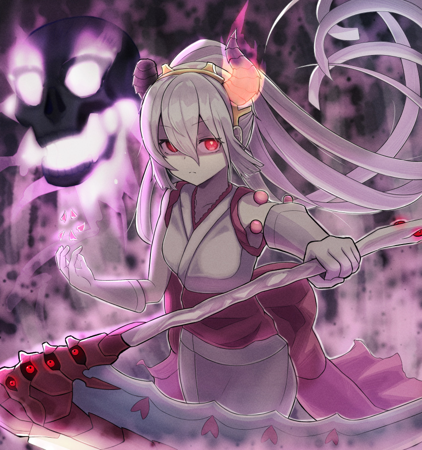 1girl, absurdres, back_bow, bow, broken_horn, colored_skin, cowboy_shot, duel_monster