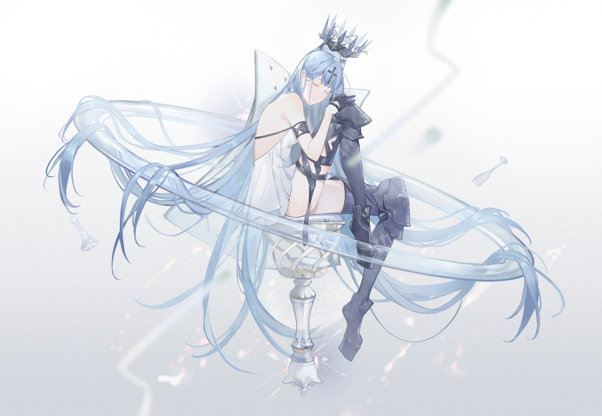 absurdly_long_hair, armored_boots, armpit_crease, ass, azur_lane, backless_dress, backless_outfit, black_gloves