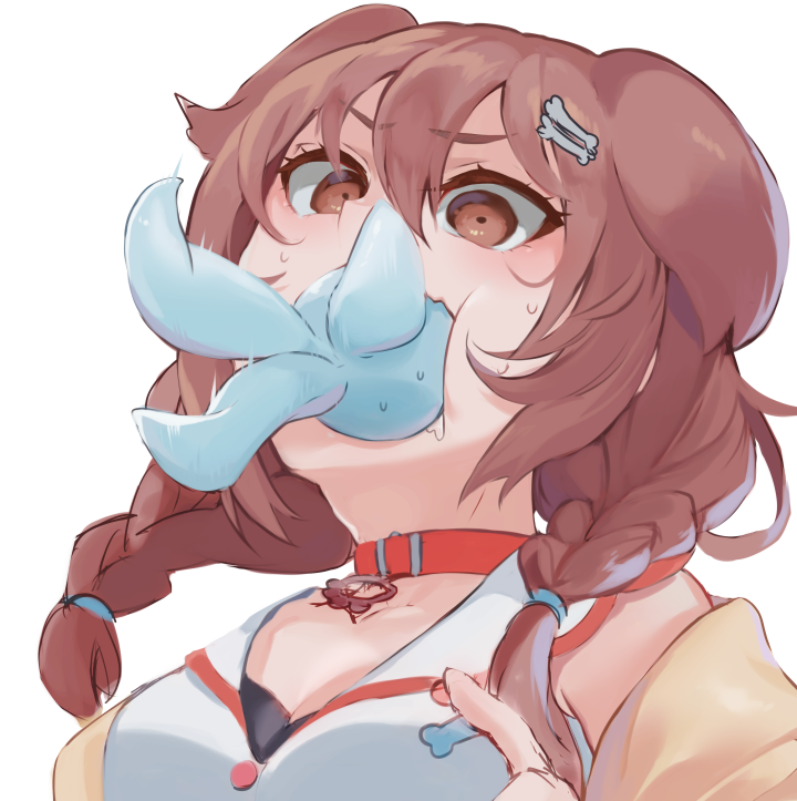 1girl, animal_collar, animal_ears, asphyxiation, bone_hair_ornament, braid, breasts, brown_eyes
