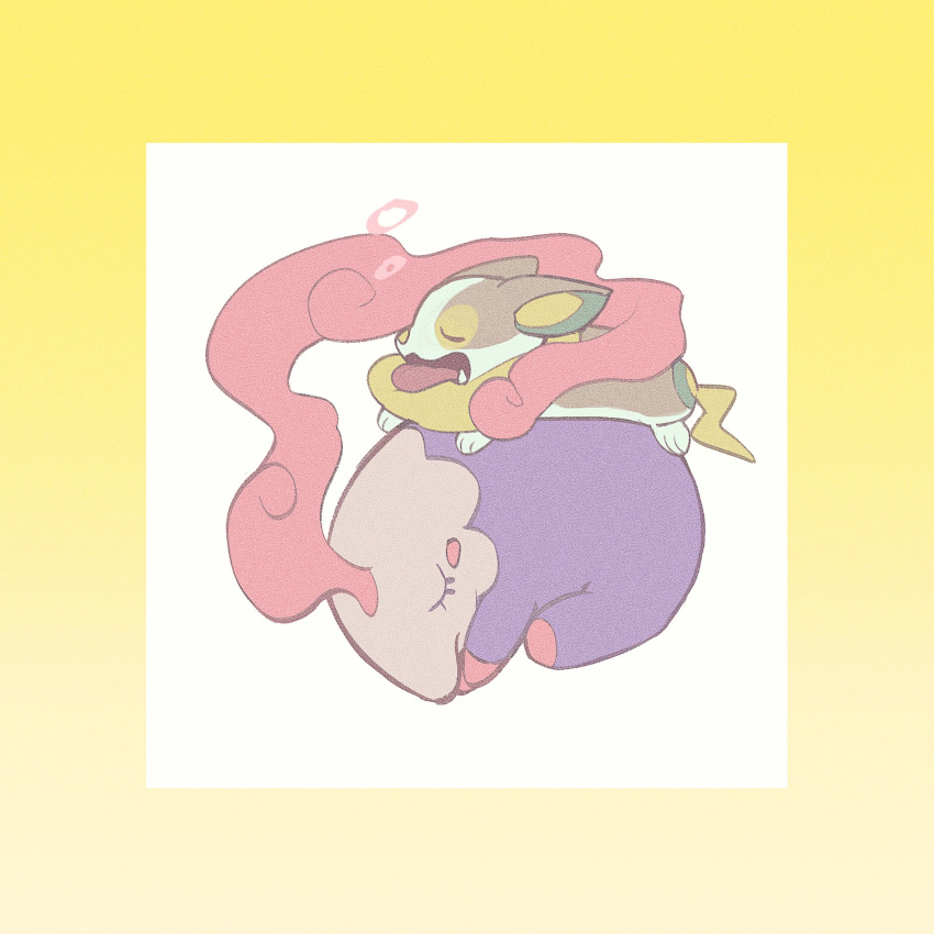 border, bubble, closed_eyes, commentary_request, eyelashes, fang, from_side, highres