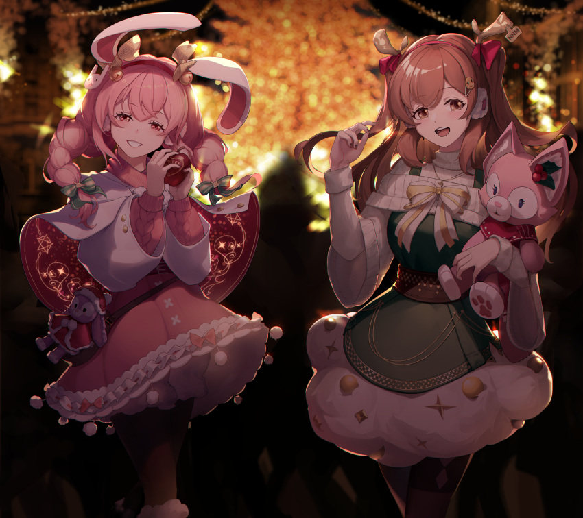 2girls, absurdres, animal_ears, bangs, blush, braid, brown_eyes, brown_hair