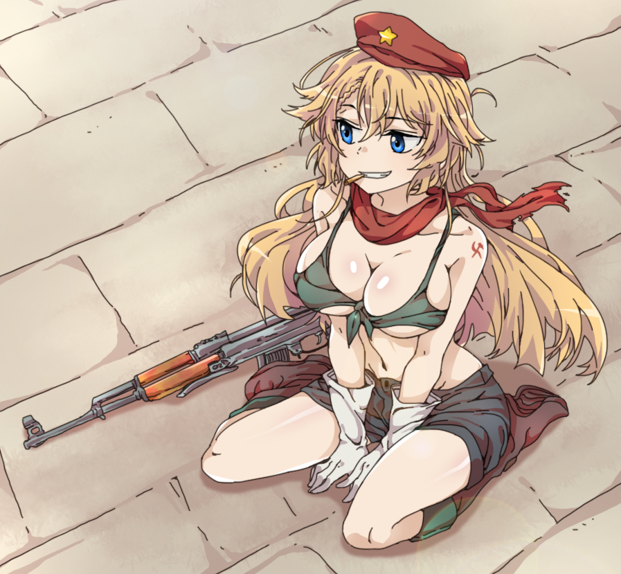 1girl, ak-47_(girls'_frontline), aks-47, assault_rifle, beret, bikini, black_shorts, blonde_hair
