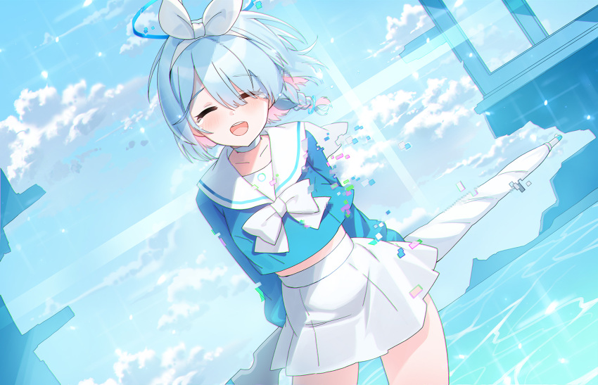 1girl, :d, ^_^, apple_caramel, arms_behind_back, arona_(blue_archive), bangs, blue_archive