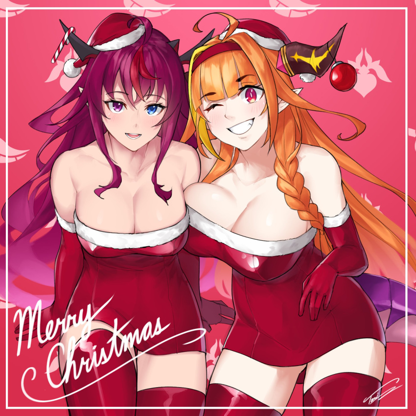 2girls, ahoge, alternate_costume, black_horns, breasts, candy, candy_cane, christmas