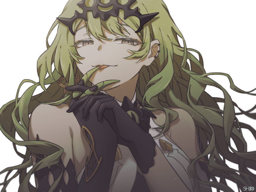 1girl, asymmetrical_gloves, bangs, black_gloves, claw_ring, crown, dimsumsimp, dress