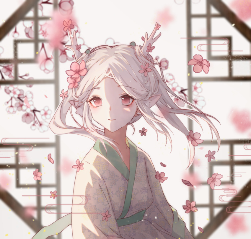 1girl, bangs, cherry_blossoms, china_dress, chinese_clothes, dress, hanfu, japari_symbol