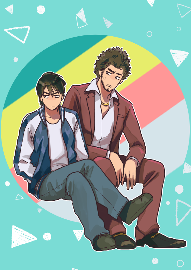2boys, afro, age_difference, annoyed, aqua_background, black_footwear, cocked_eyebrow, color_guide, crossed_legs, denim, facial_hair, goatee, gold_necklace, hands_in_pockets, jacket, jeans, kasuga_ichiban, multiple_boys, nug, older, open_clothes, open_jacket, pants, red_jacket, red_pants, ryuu_ga_gotoku, ryuu_ga_gotoku_7, shirt, shoes, short_hair, sitting, timeskip, white_shirt, yakuza, younger