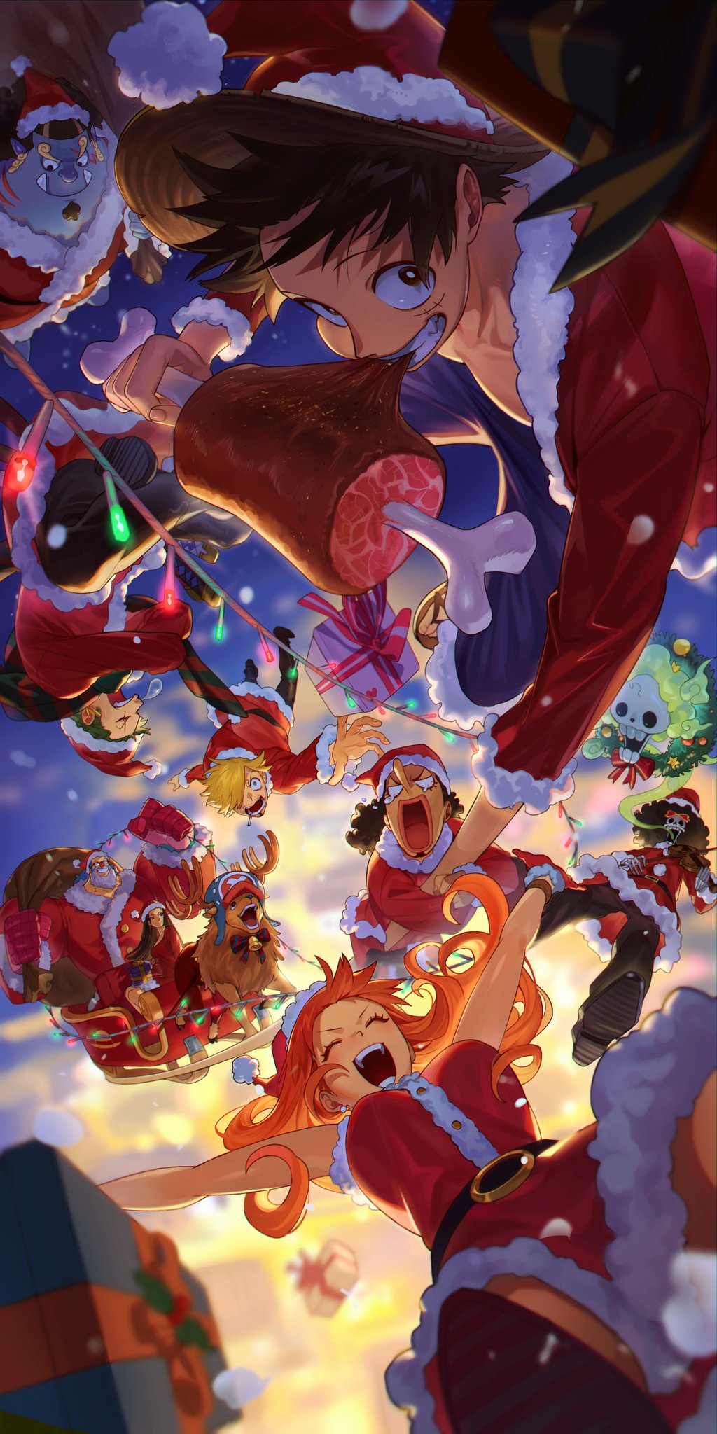 2girls, 6+boys, ^_^, ^o^, afro, alternate_costume, antlers, bell