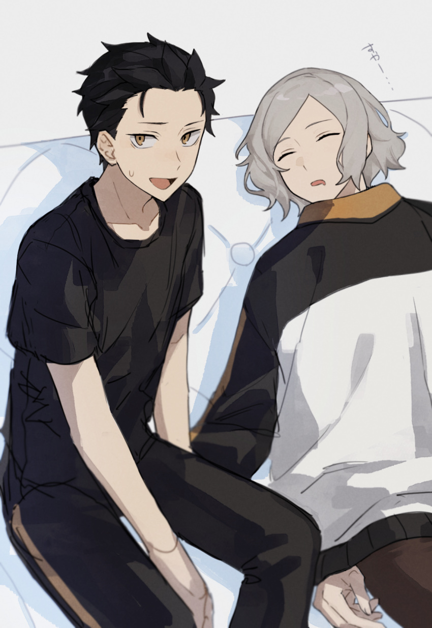 2boys, black_hair, brown_eyes, grey_hair, hair_slicked_back, highres, jacket, male_focus