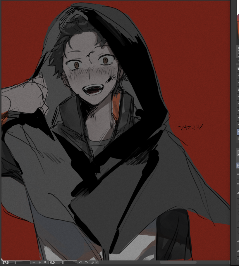1boy, alternate_universe, blood, blood_on_face, blush, crazy_smile, hood, male_focus