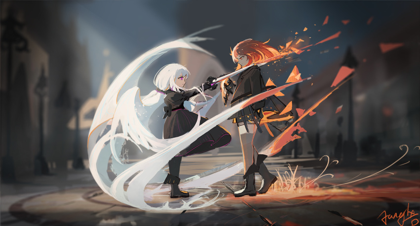 2girls, boots, chiyu_(synthesizer_v), coat, dress, fanghx, from_side, looking_at_another, medium_hair, multiple_girls, night, night_sky, pink_eyes, red_eyes, redhead, signature, skirt, sky, standing, synthesizer_v, thighs, white_hair, wings