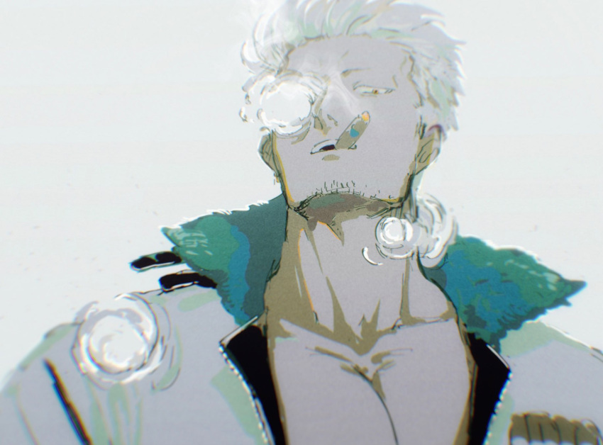 1boy, cigar, facial_hair, hair_slicked_back, highres, jacket, kabane_(rjev8385), looking_down