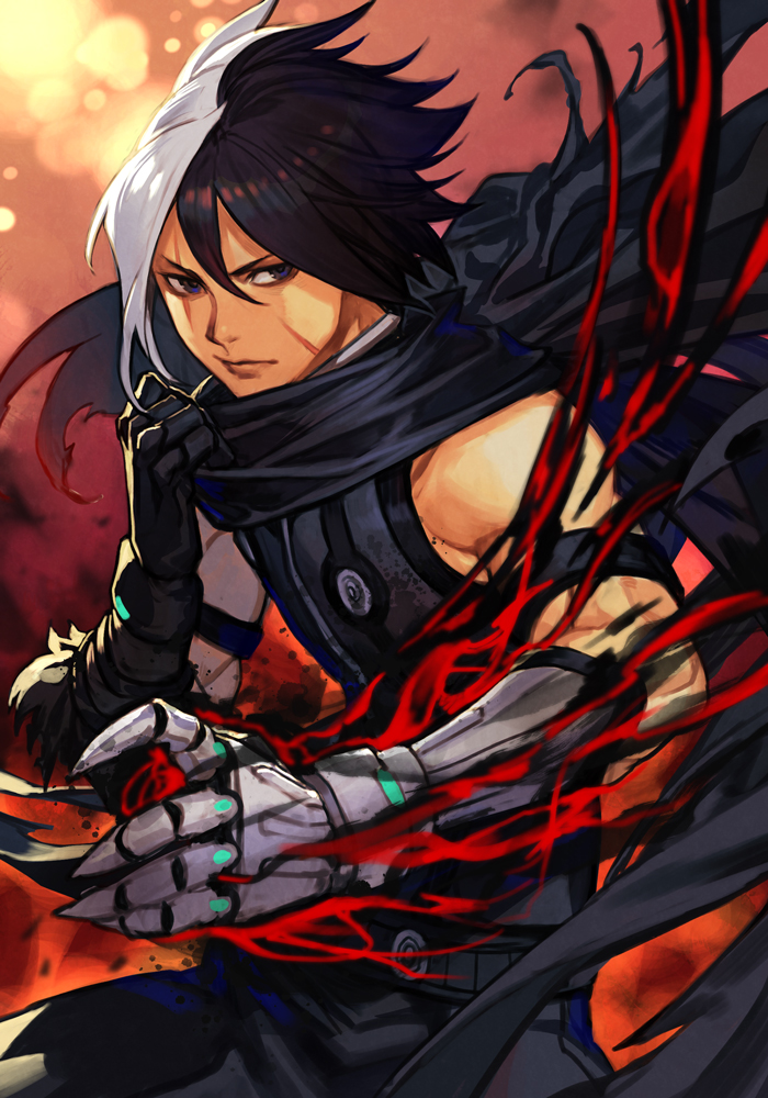 1boy, bare_shoulders, brown_eyes, brown_hair, cape, closed_mouth, expressionless, gloves