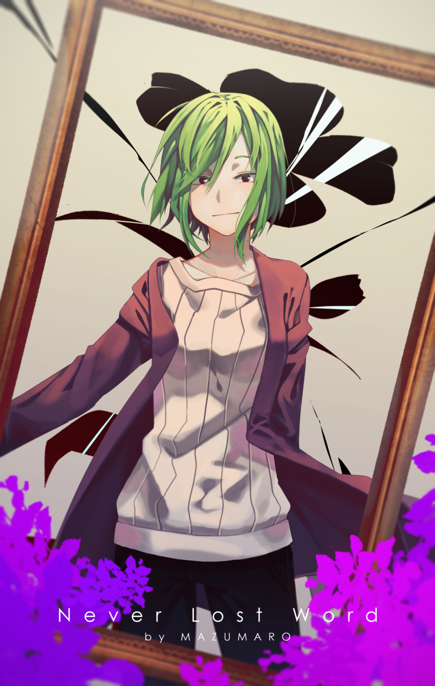 1girl, black_eyes, black_pants, flower, framed, green_hair, highres, jacket