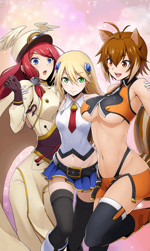 3girls, :o, animal_ears, antenna_hair, bare_shoulders, black_legwear, blazblue, blonde_hair