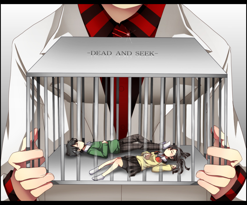 black_hair, cage, enomoto_takane, highres, holding, holding_cage, kagerou_project, kokonose_haruka