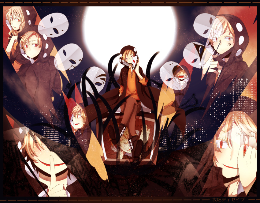 blonde_hair, crossed_legs, full_moon, highres, holding, holding_mask, kagerou_project, kano_shuuya