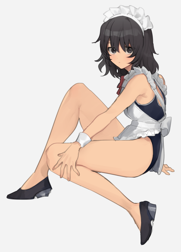 1girl, andou_(girls_und_panzer), apron, arm_support, bangs, bare_legs, black_eyes, black_footwear
