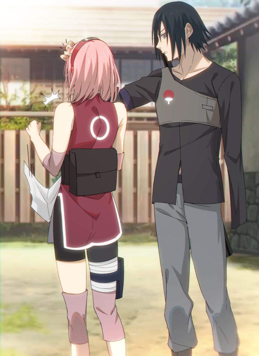 1356400321niku, 1boy, 1girl, absurdres, bandaged_leg, bandages, bike_shorts, black_hair
