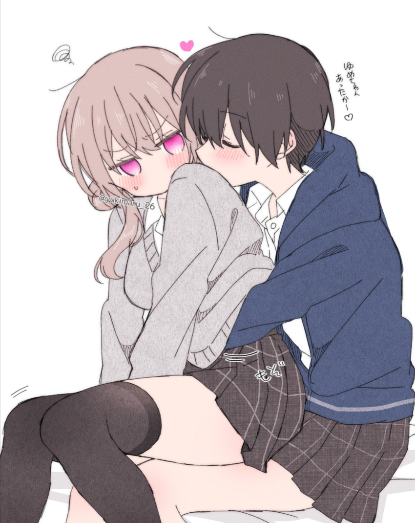 2girls, blush, brown_hair, closed_eyes, from_behind, groping, hand_under_clothes, hand_under_shirt