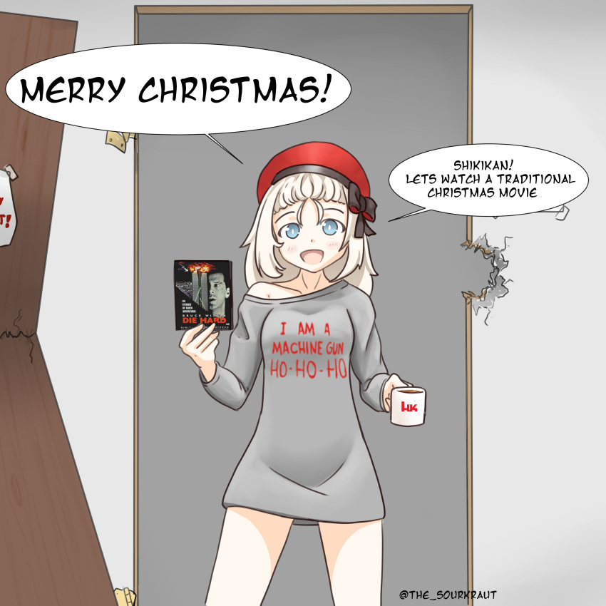 1girl, absurdres, alternate_costume, beret, blonde_hair, blue_eyes, blush, broken_door