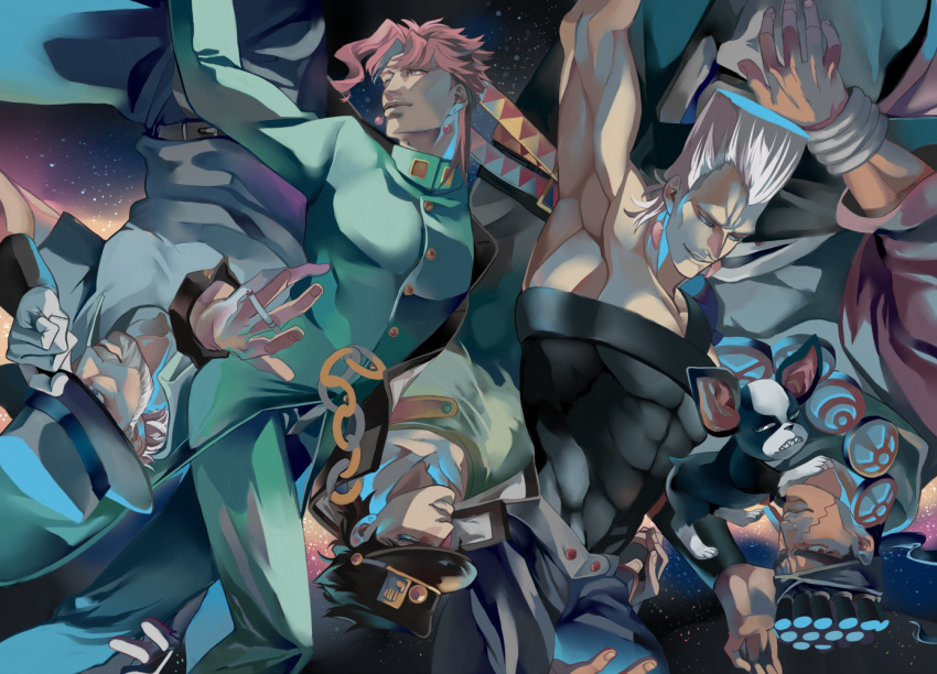 5boys, adjusting_clothes, adjusting_headwear, brown_hair, cigarette, fedora, flattop, gakuran