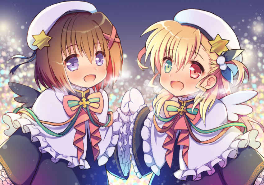 2girls, angel_wings, asymmetrical_bangs, bangs, beret, black_dress, black_wings, blonde_hair